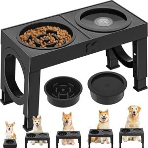 X XBEN 3-in-1 Elevated Dog Feeder with 5 Adjustable Heights, 1.4 L Leak-proof Dog Drinker, 1 L Anti-Voracity Dog Feeder, Raised Feeders for Medium and Large Dogs, Foldable and Non-Slip